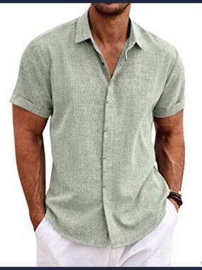 Men's Casual Linen Blend Short Sleeve Button Down Shirt Summer Beach Wedding